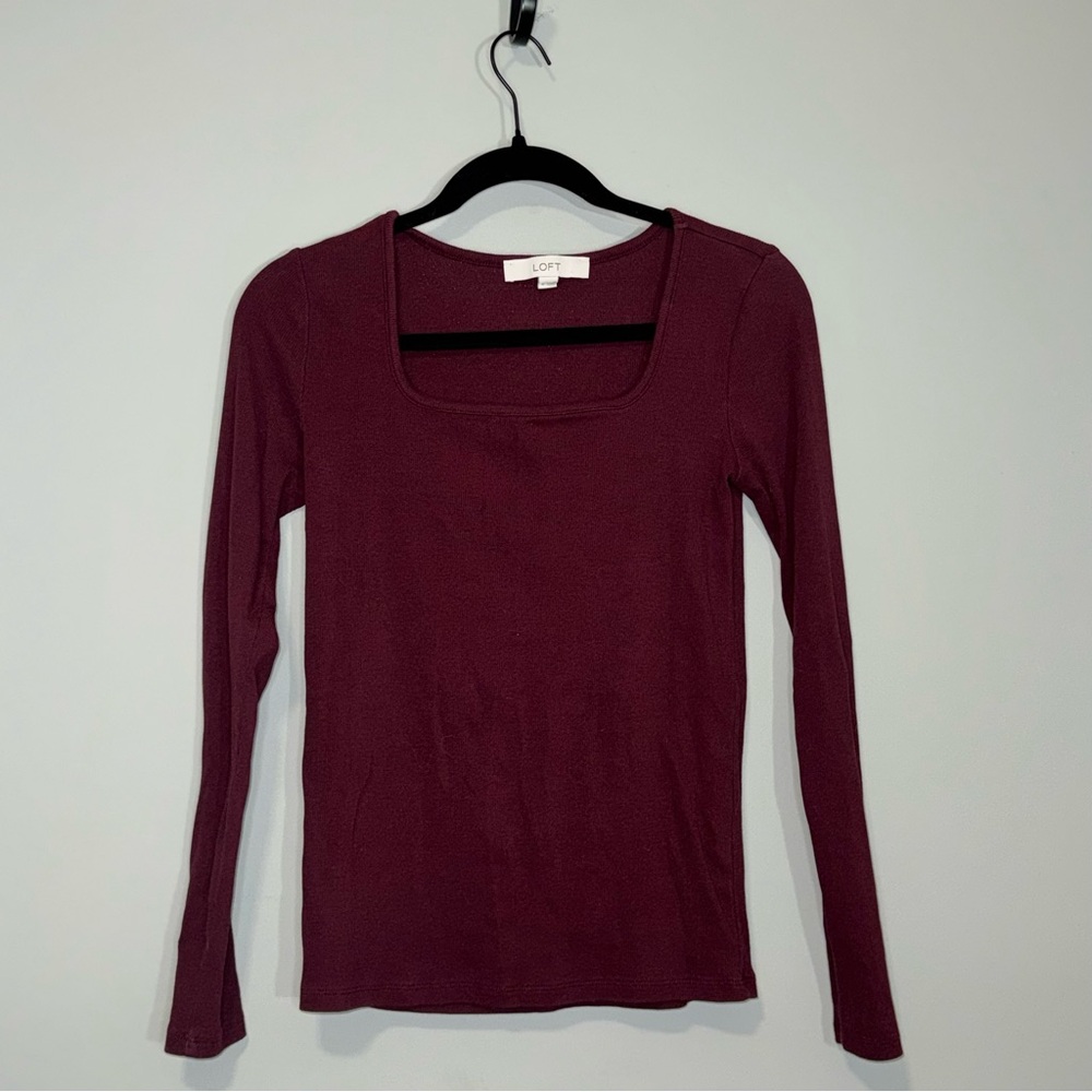 LOFT Womens Burgundy Ribbed Square Neck Long Sleeve Top Size M Maroon Slim Fit